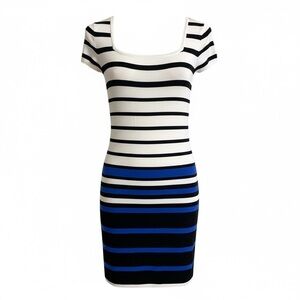 XOXO Women’s BodyCon Dress Form Fitting White Blue
Black Stripes Size Large